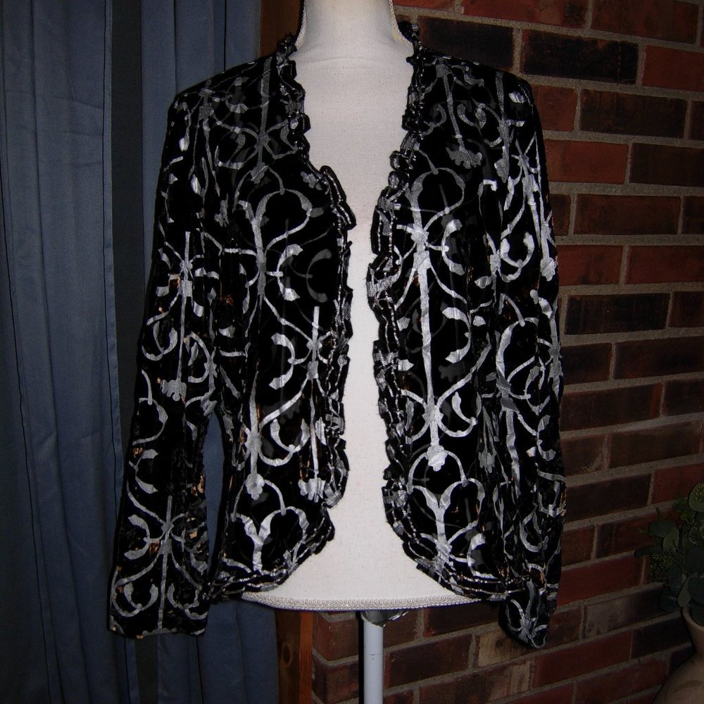 CHICO'S Velvet Burnout Ruffle Trim Rayon/Silk Jacket